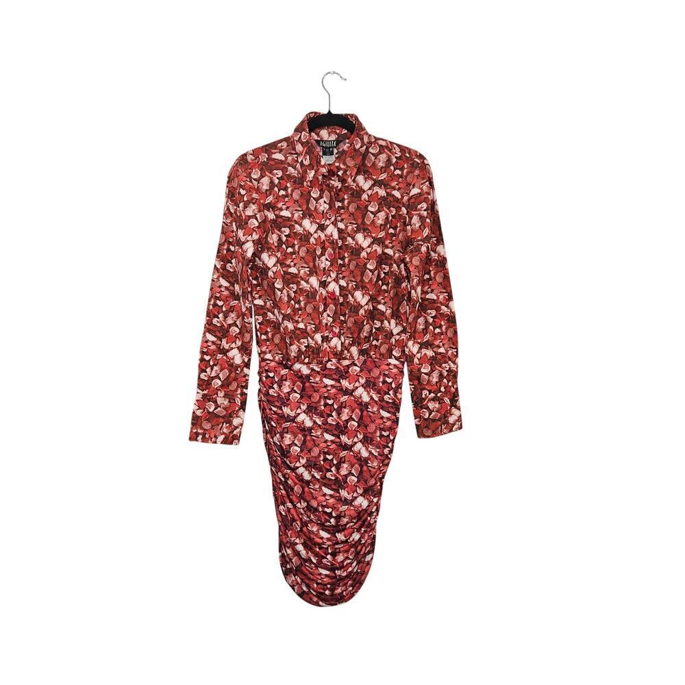 Vtg Agilita Red Shirt Dress Bodycon Ruched Long Sleeve Button-Up Stretch Medium